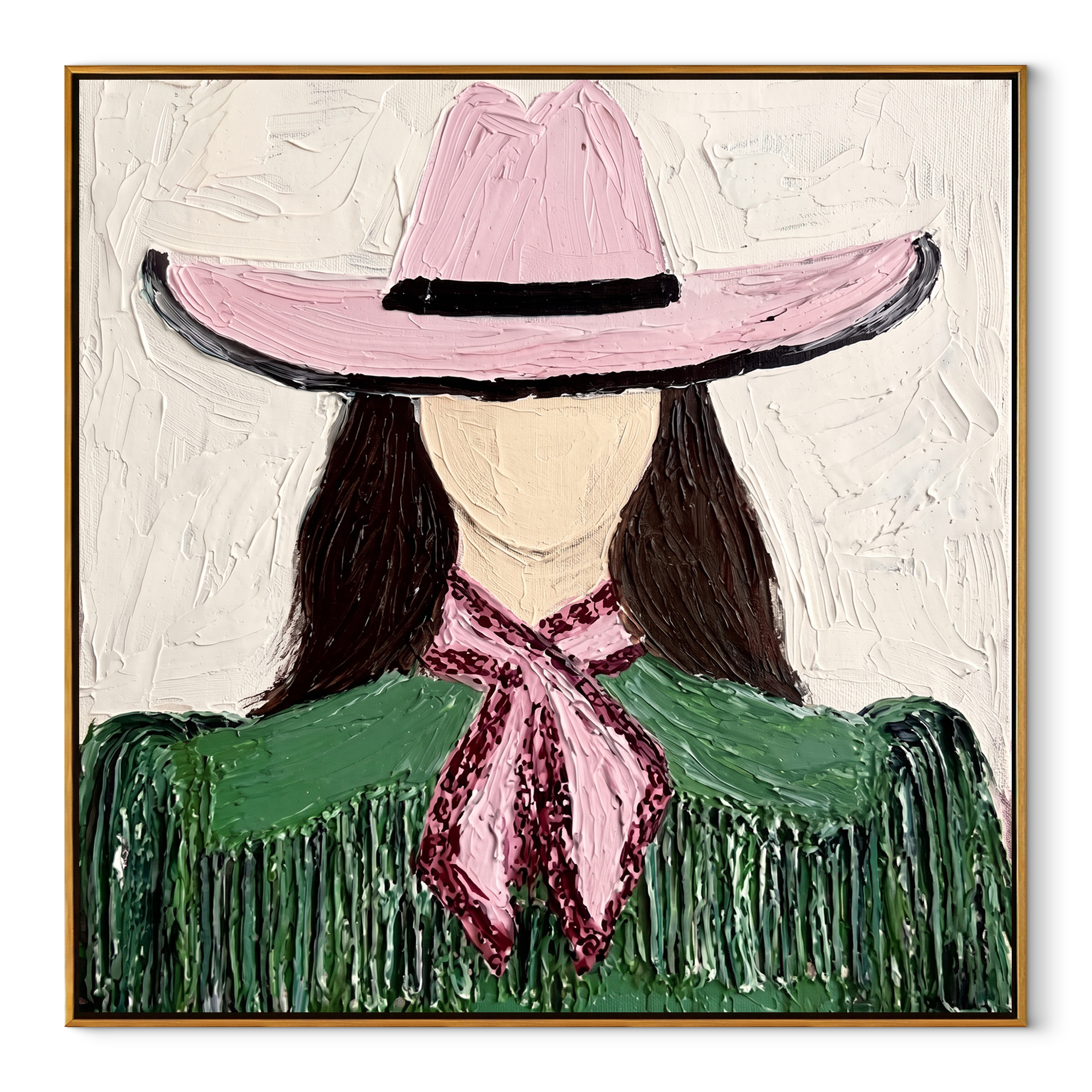 Pink Hat Ties Green - green cowgirl portrait painting by Elliot Vale, modern figurative square wall art - wood frame on white background