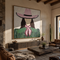 Pink Hat Ties Green - green cowgirl portrait painting by Elliot Vale, modern figurative square wall art - styled room scene view 2