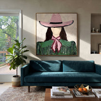 Pink Hat Ties Green - green cowgirl portrait painting by Elliot Vale, modern figurative square wall art - styled room scene view 3