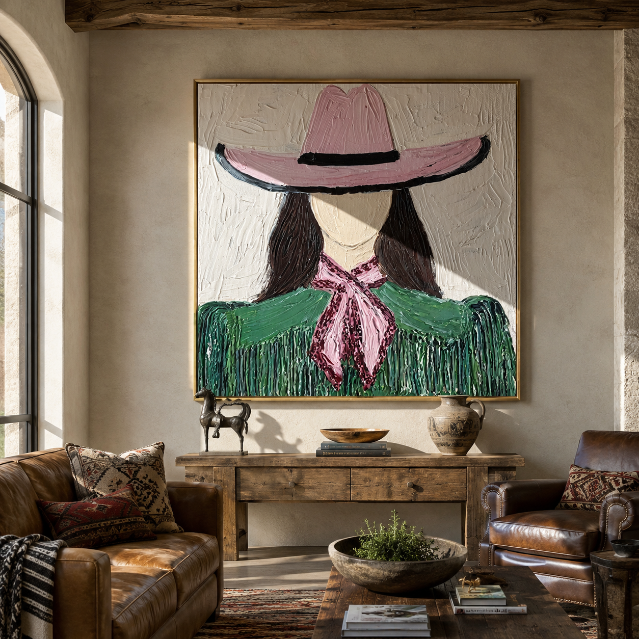 Pink Hat Ties Green - green cowgirl portrait painting by Elliot Vale, modern figurative square wall art - styled room scene view 4