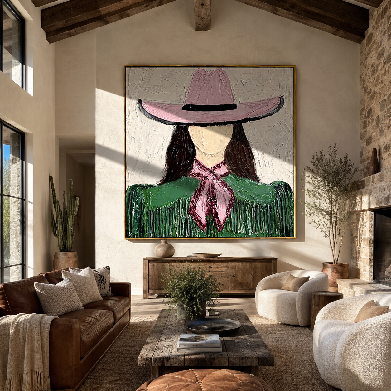 Pink Hat Ties Green - green cowgirl portrait painting by Elliot Vale, modern figurative square wall art - styled room scene view 5