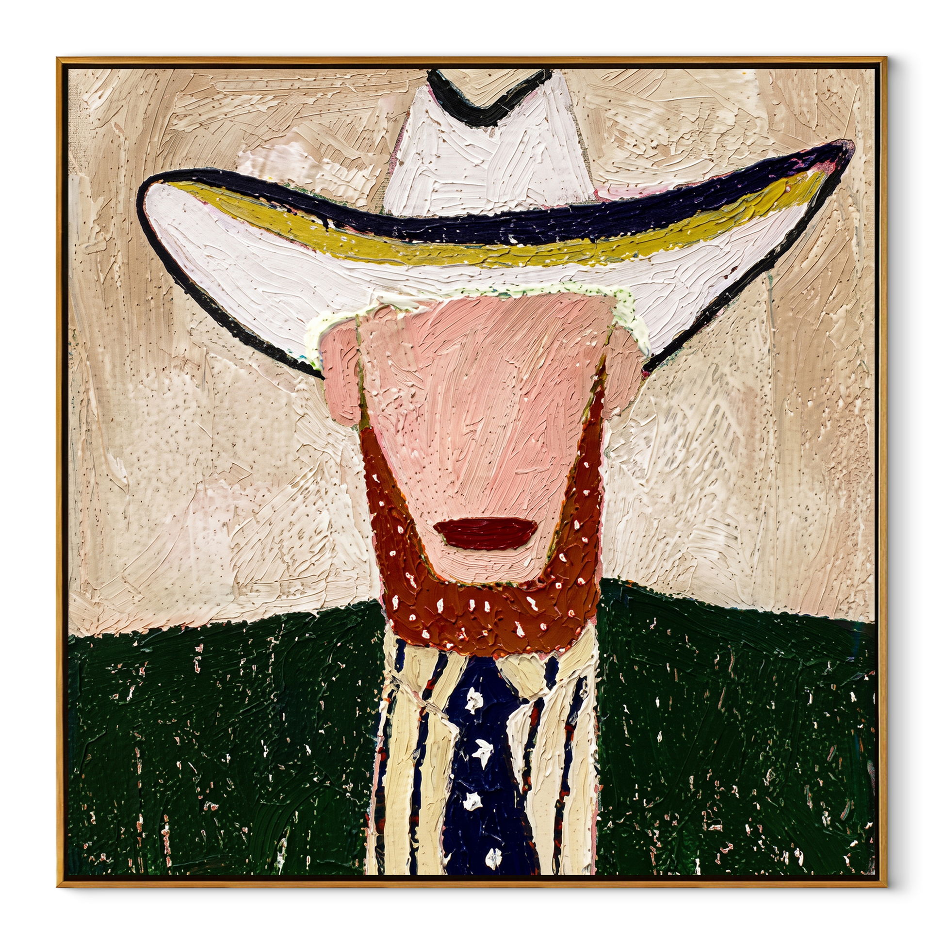White Brim Guards Beard - bearded western figure painting by Elliot Vale, modern figurative square wall art - wood frame on white background
