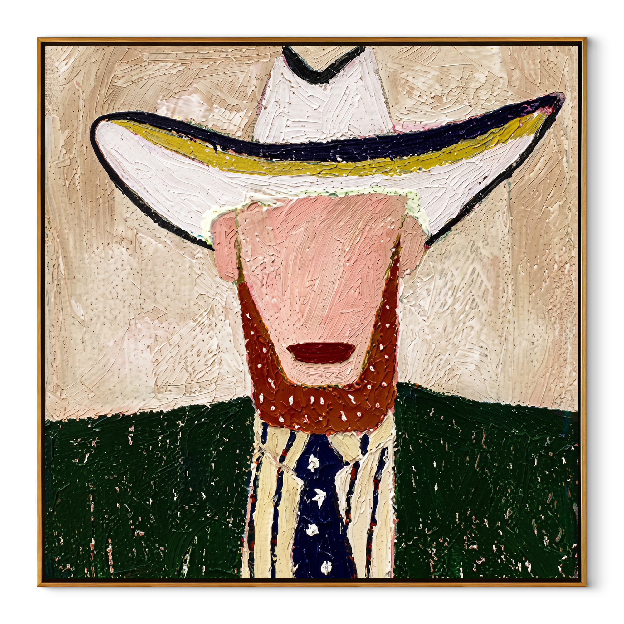 White Brim Guards Beard - bearded western figure painting by Elliot Vale, modern figurative square wall art - wood frame on white background