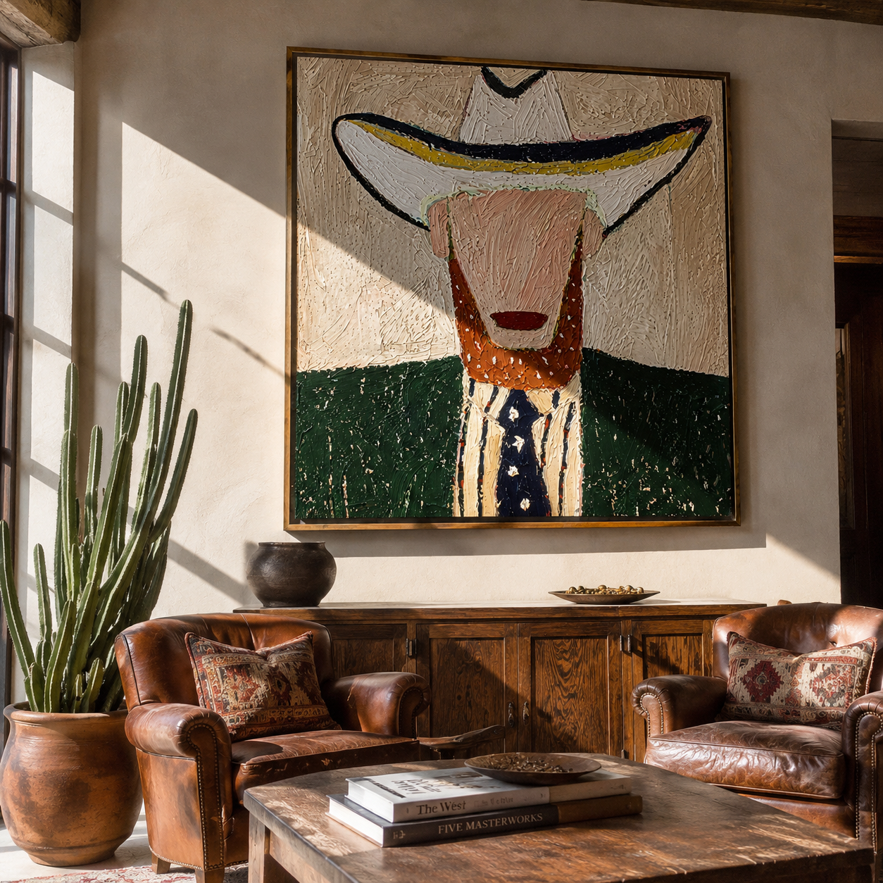 White Brim Guards Beard - bearded western figure painting by Elliot Vale, modern figurative square wall art - styled room scene view 2