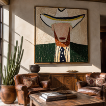 White Brim Guards Beard - bearded western figure painting by Elliot Vale, modern figurative square wall art - styled room scene view 2