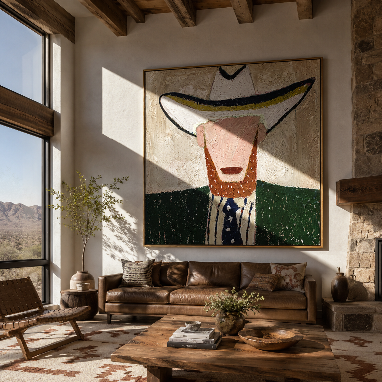 White Brim Guards Beard - bearded western figure painting by Elliot Vale, modern figurative square wall art - styled room scene view 4
