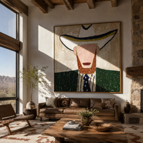 White Brim Guards Beard - bearded western figure painting by Elliot Vale, modern figurative square wall art - styled room scene view 4