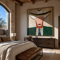 White Brim Guards Beard - bearded western figure painting by Elliot Vale, modern figurative square wall art - styled room scene view 5
