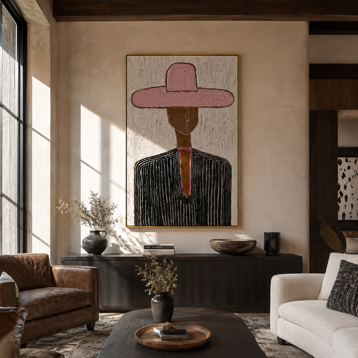 Rose Brim Crosses Black - black pinstripe figure painting by Elliot Vale, modern figurative vertical wall art - styled room scene view 1