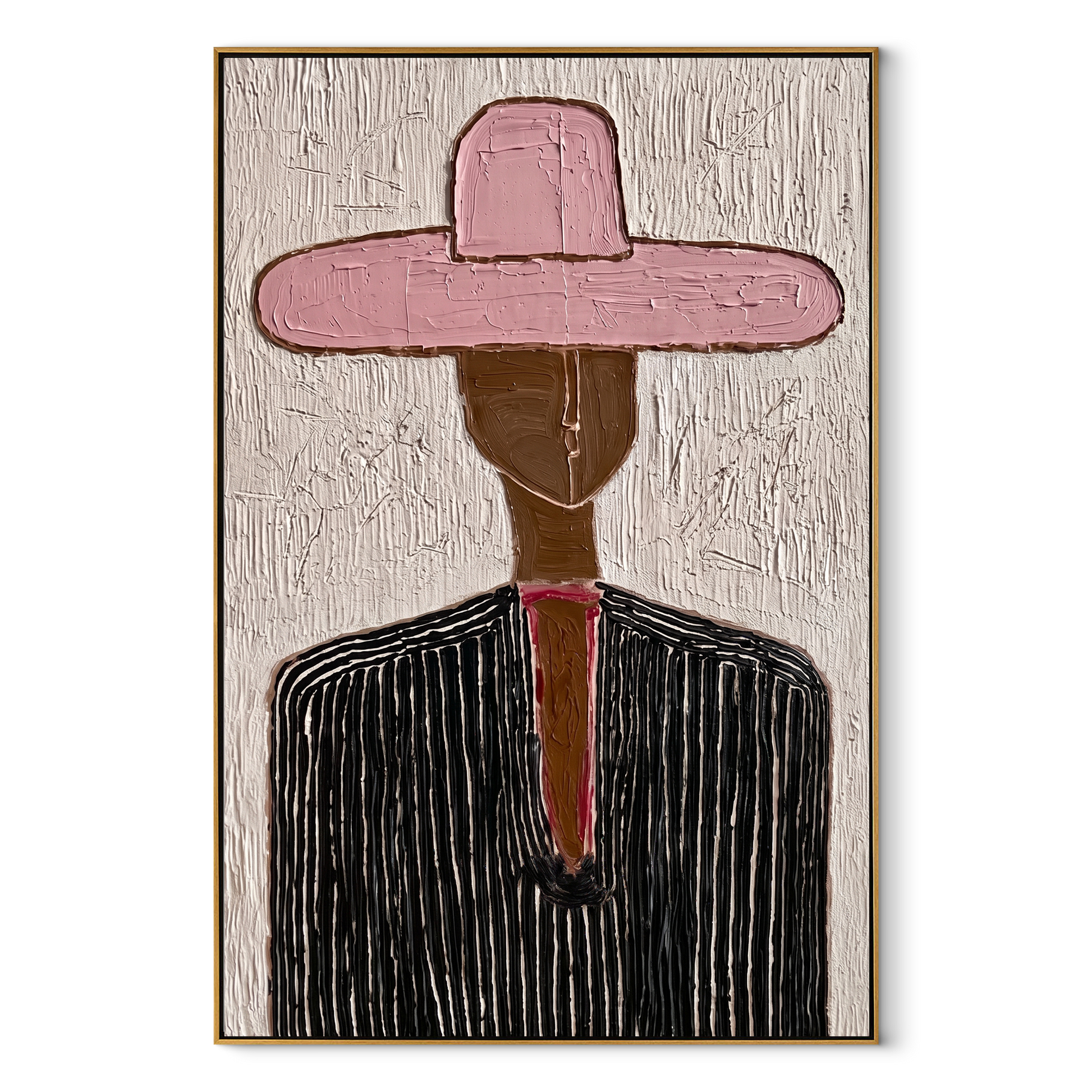 Rose Brim Crosses Black - black pinstripe figure painting by Elliot Vale, modern figurative vertical wall art - wood frame on white background