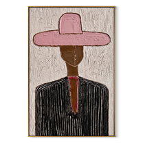 Rose Brim Crosses Black - black pinstripe figure painting by Elliot Vale, modern figurative vertical wall art - wood frame on white background