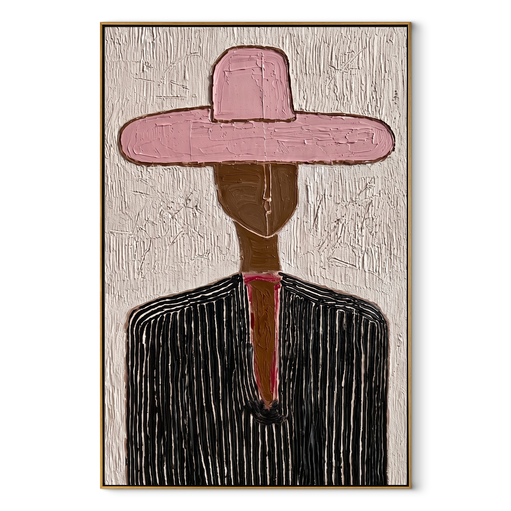 Rose Brim Crosses Black - black pinstripe figure painting by Elliot Vale, modern figurative vertical wall art - wood frame on white background