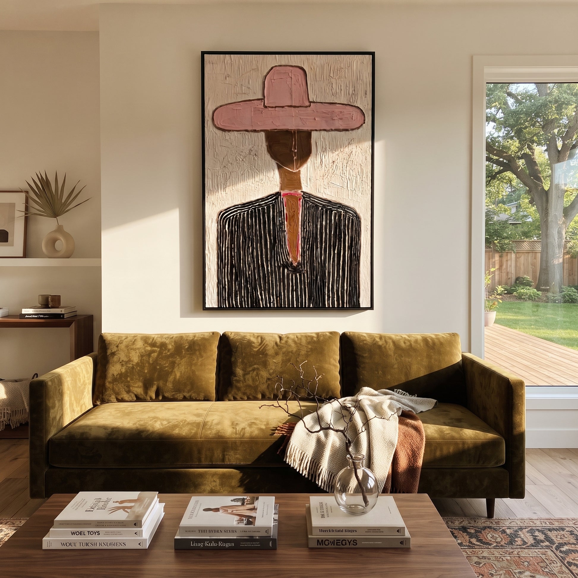 Rose Brim Crosses Black - black pinstripe figure painting by Elliot Vale, modern figurative vertical wall art - styled room scene view 2