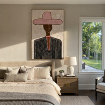 Rose Brim Crosses Black - black pinstripe figure painting by Elliot Vale, modern figurative vertical wall art - styled room scene view 3