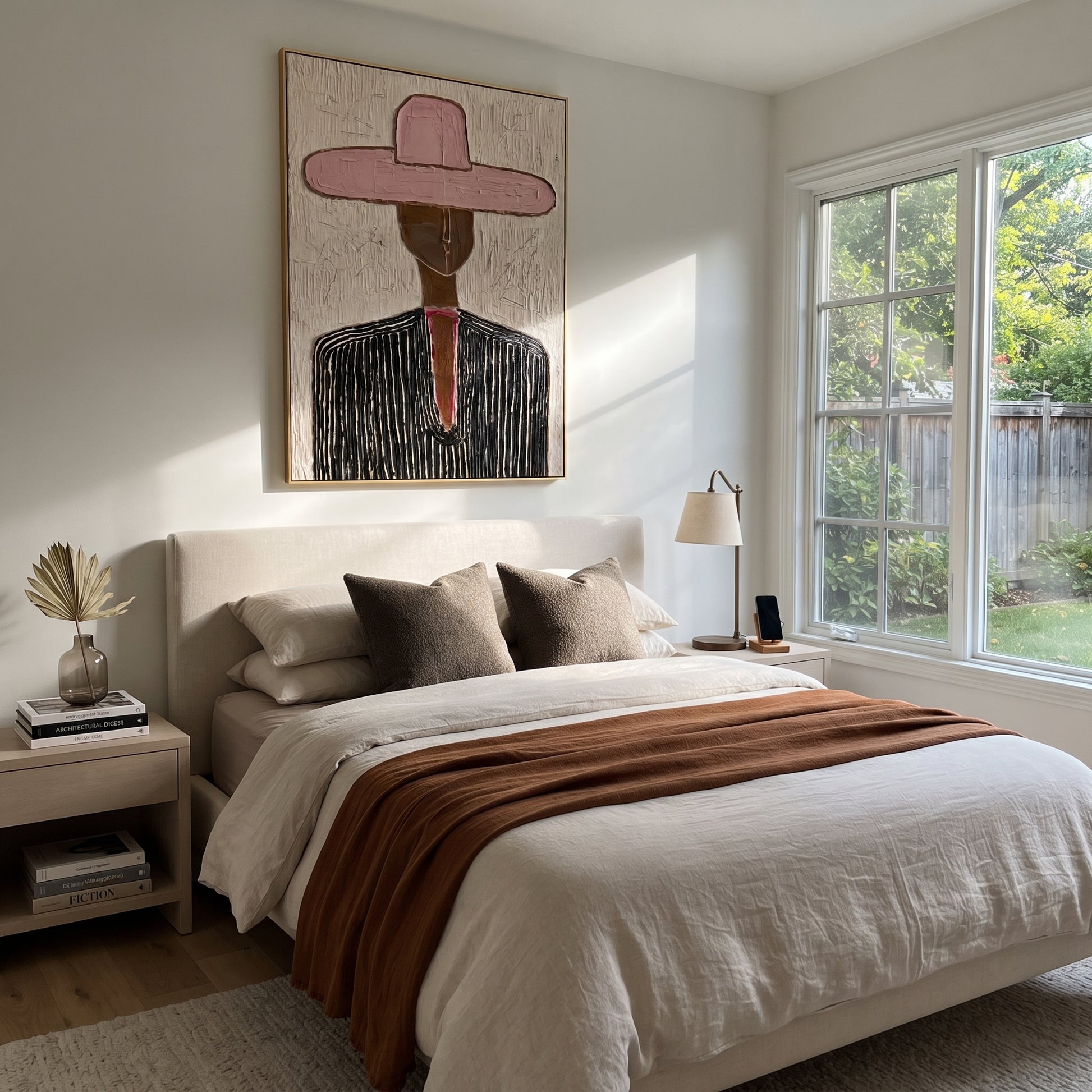 Rose Brim Crosses Black - black pinstripe figure painting by Elliot Vale, modern figurative vertical wall art - styled room scene view 4