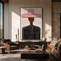 Rose Brim Crosses Black - black pinstripe figure painting by Elliot Vale, modern figurative vertical wall art - styled room scene view 5