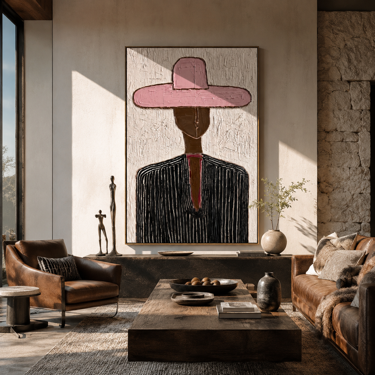 Rose Brim Crosses Black - black pinstripe figure painting by Elliot Vale, modern figurative vertical wall art - styled room scene view 5