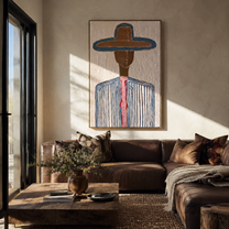 Teal Edge Holds Brown - blue pinstripe hat painting by Elliot Vale, modern figurative vertical wall art - styled room scene view 1