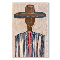 Teal Edge Holds Brown - blue pinstripe hat painting by Elliot Vale, modern figurative vertical wall art - wood frame on white background