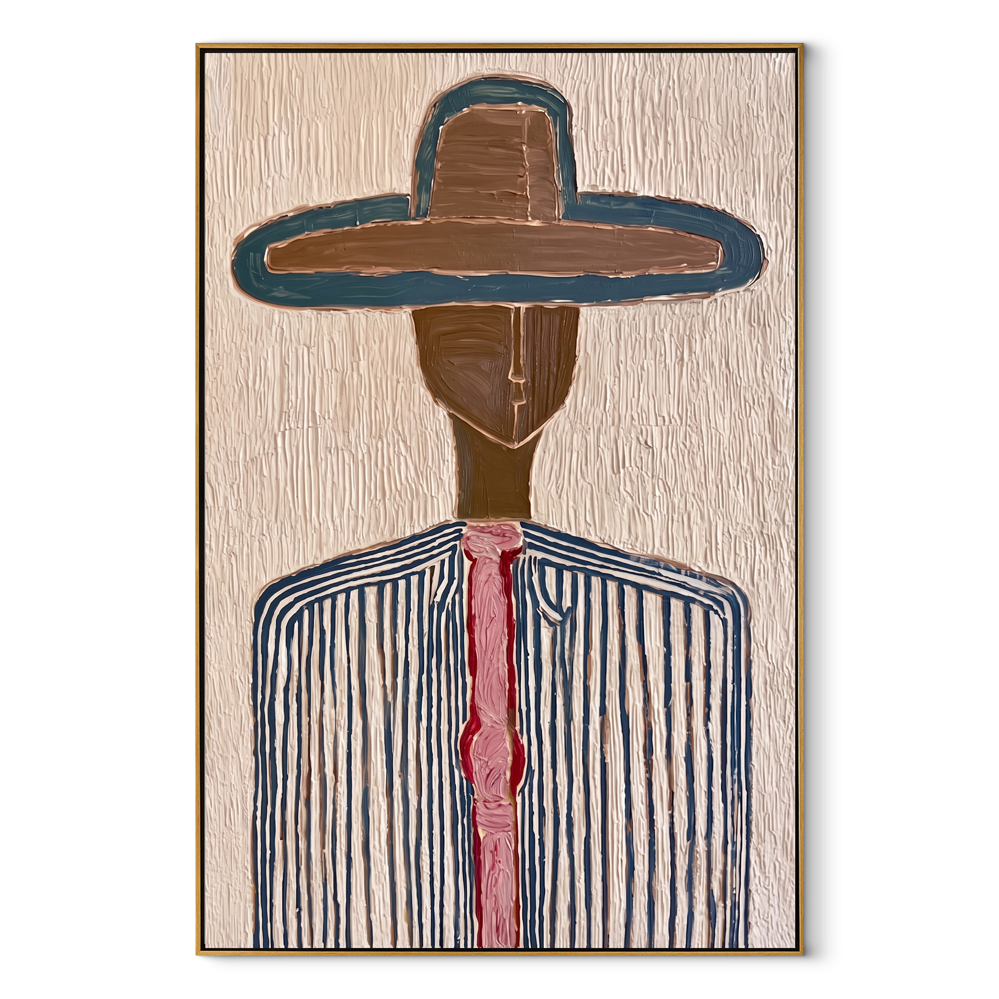 Teal Edge Holds Brown - blue pinstripe hat painting by Elliot Vale, modern figurative vertical wall art - wood frame on white background