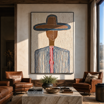 Teal Edge Holds Brown - blue pinstripe hat painting by Elliot Vale, modern figurative vertical wall art - styled room scene view 2