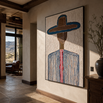 Teal Edge Holds Brown - blue pinstripe hat painting by Elliot Vale, modern figurative vertical wall art - styled room scene view 3