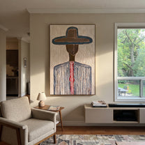 Teal Edge Holds Brown - blue pinstripe hat painting by Elliot Vale, modern figurative vertical wall art - styled room scene view 4