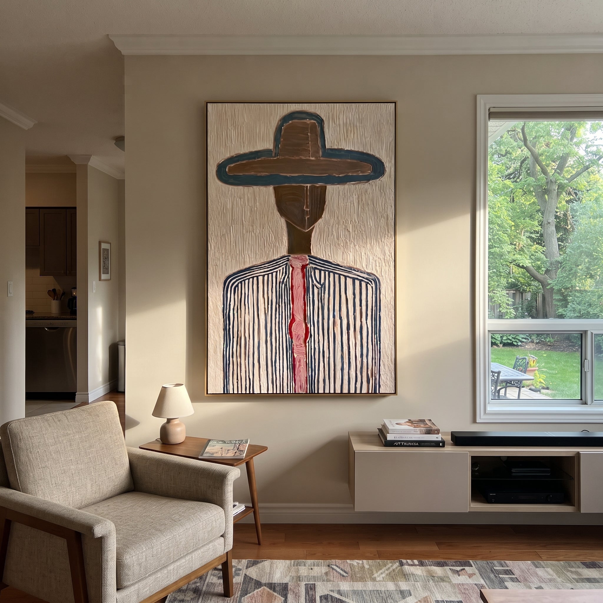 Teal Edge Holds Brown - blue pinstripe hat painting by Elliot Vale, modern figurative vertical wall art - styled room scene view 4