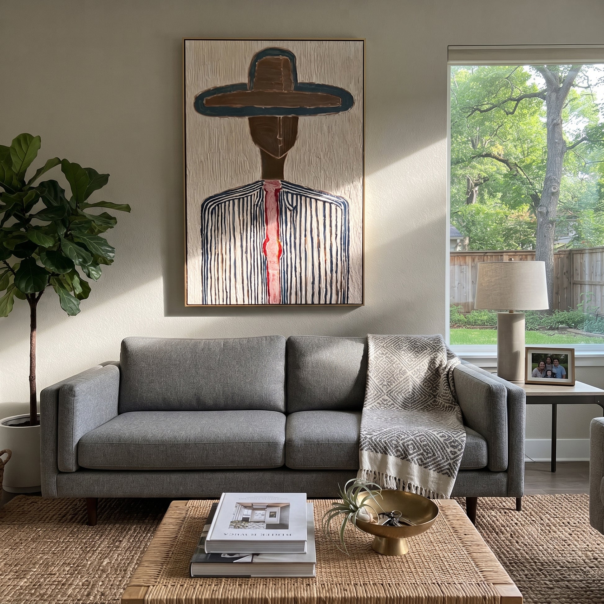 Teal Edge Holds Brown - blue pinstripe hat painting by Elliot Vale, modern figurative vertical wall art - styled room scene view 5