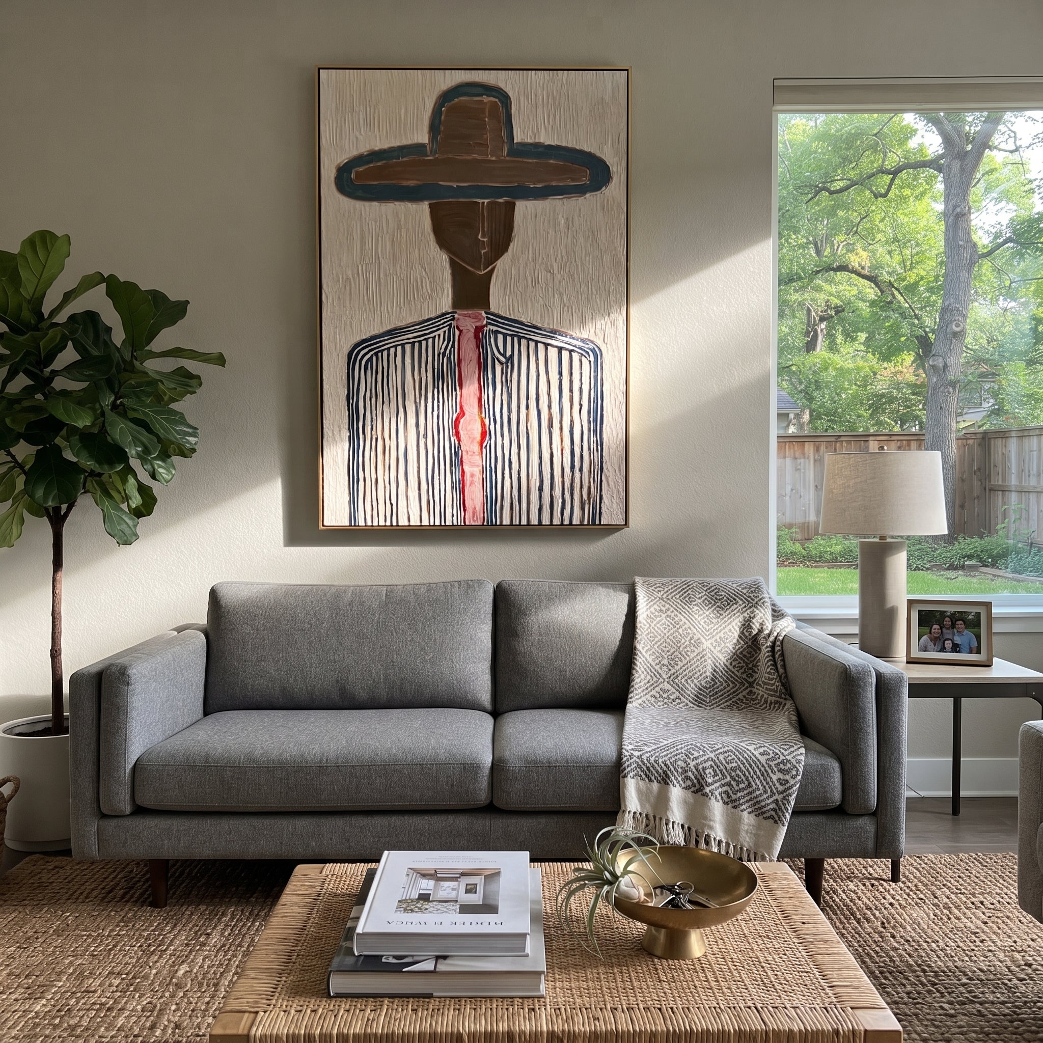 Teal Edge Holds Brown - blue pinstripe hat painting by Elliot Vale, modern figurative vertical wall art - styled room scene view 5
