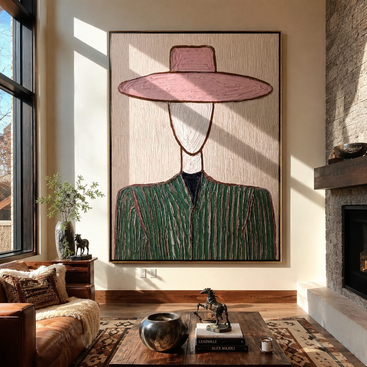 Pink Brim Frames Sage - green pinstripe figure painting by Elliot Vale, modern figurative vertical wall art - styled room scene view 1