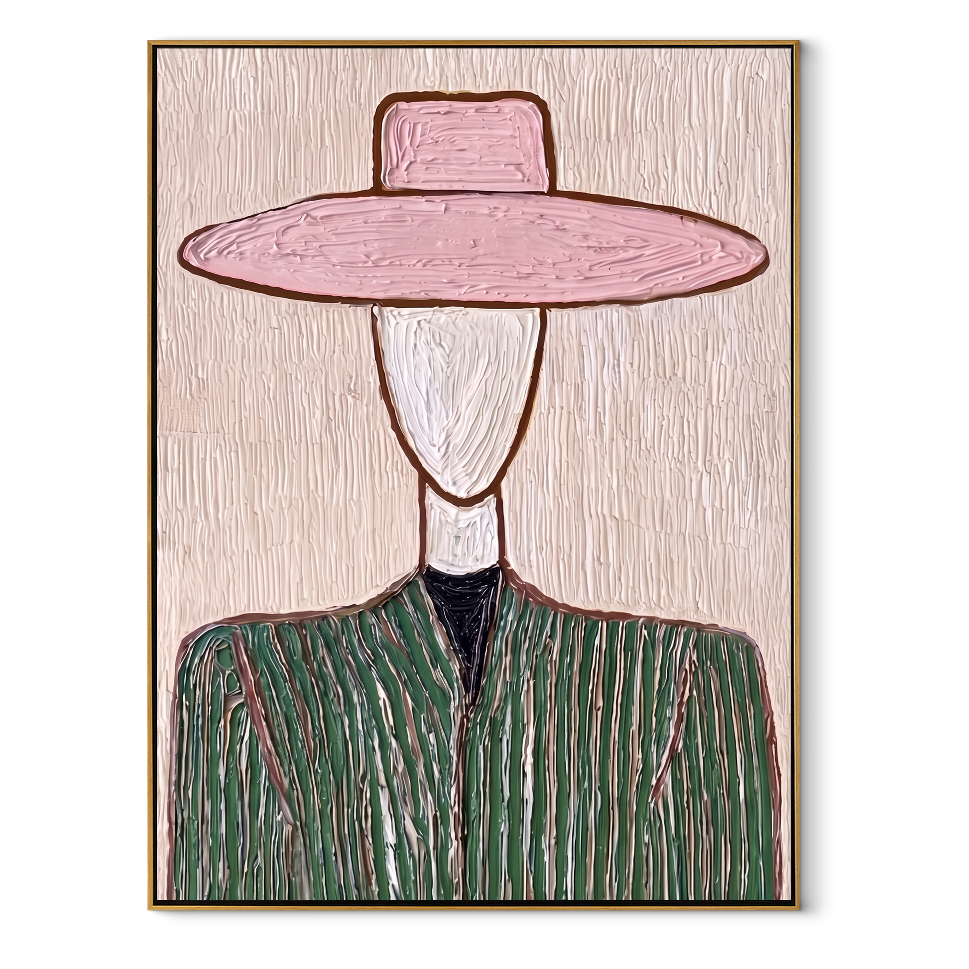 Pink Brim Frames Sage - green pinstripe figure painting by Elliot Vale, modern figurative vertical wall art - wood frame on white background