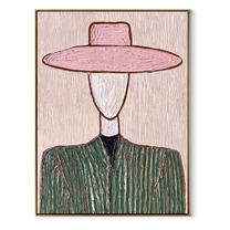 Pink Brim Frames Sage - green pinstripe figure painting by Elliot Vale, modern figurative vertical wall art - wood frame on white background