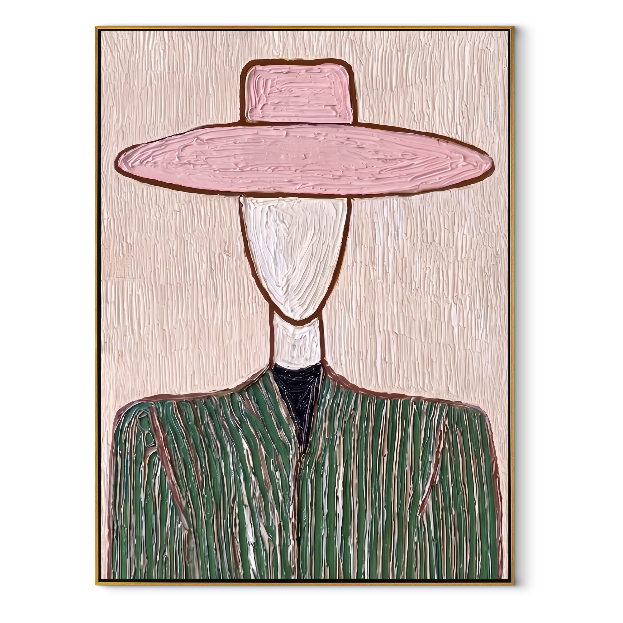 Pink Brim Frames Sage - green pinstripe figure painting by Elliot Vale, modern figurative vertical wall art - wood frame on white background
