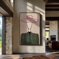 Pink Brim Frames Sage - green pinstripe figure painting by Elliot Vale, modern figurative vertical wall art - styled room scene view 2