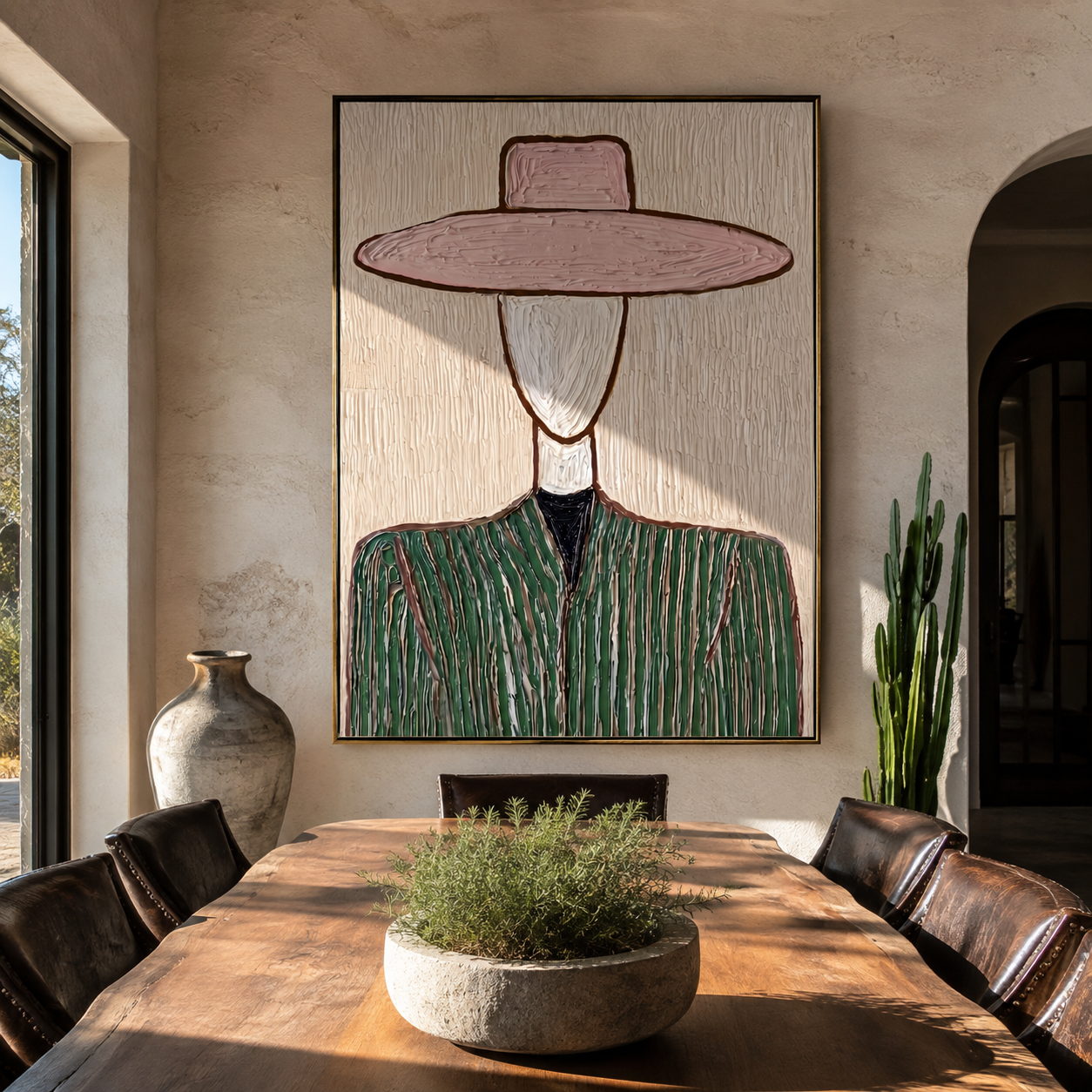 Pink Brim Frames Sage - green pinstripe figure painting by Elliot Vale, modern figurative vertical wall art - styled room scene view 3
