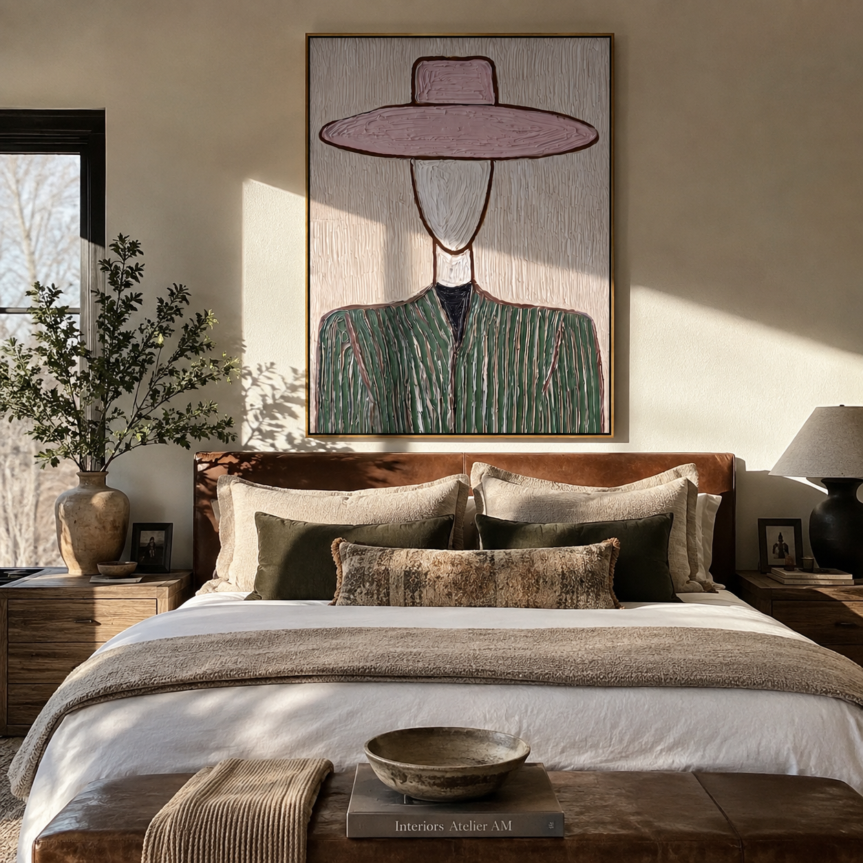 Pink Brim Frames Sage - green pinstripe figure painting by Elliot Vale, modern figurative vertical wall art - styled room scene view 4
