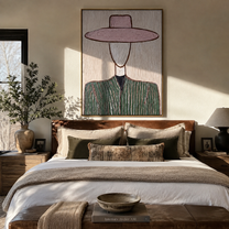 Pink Brim Frames Sage - green pinstripe figure painting by Elliot Vale, modern figurative vertical wall art - styled room scene view 4