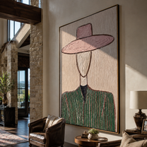 Pink Brim Frames Sage - green pinstripe figure painting by Elliot Vale, modern figurative vertical wall art - styled room scene view 5