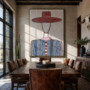 Wine Brim Meets White - blue striped hat figure painting by Elliot Vale, modern figurative vertical wall art - styled room scene view 1