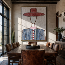 Wine Brim Meets White - blue striped hat figure painting by Elliot Vale, modern figurative vertical wall art - styled room scene view 1
