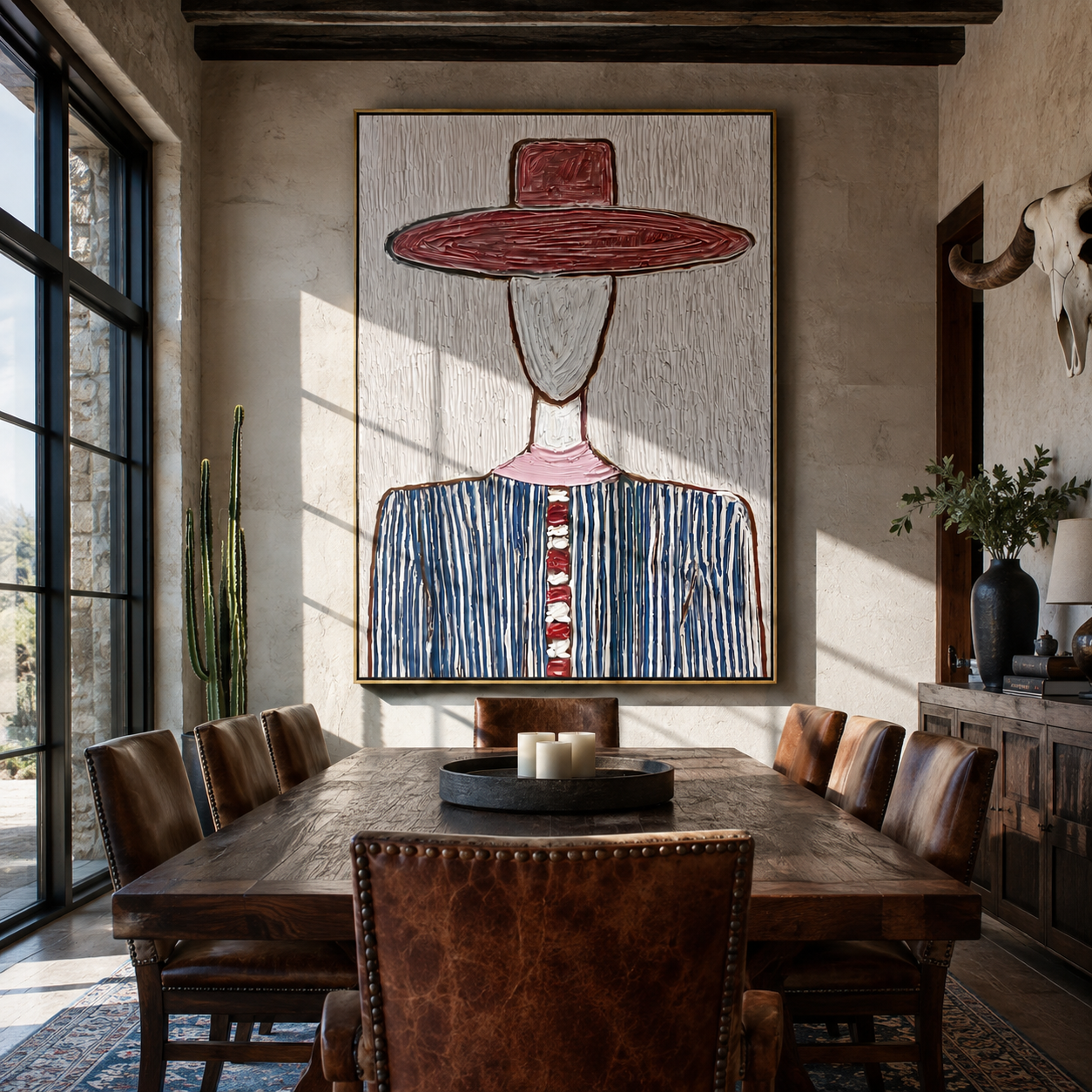 Wine Brim Meets White - blue striped hat figure painting by Elliot Vale, modern figurative vertical wall art - styled room scene view 1