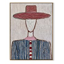 Wine Brim Meets White - blue striped hat figure painting by Elliot Vale, modern figurative vertical wall art - wood frame on white background
