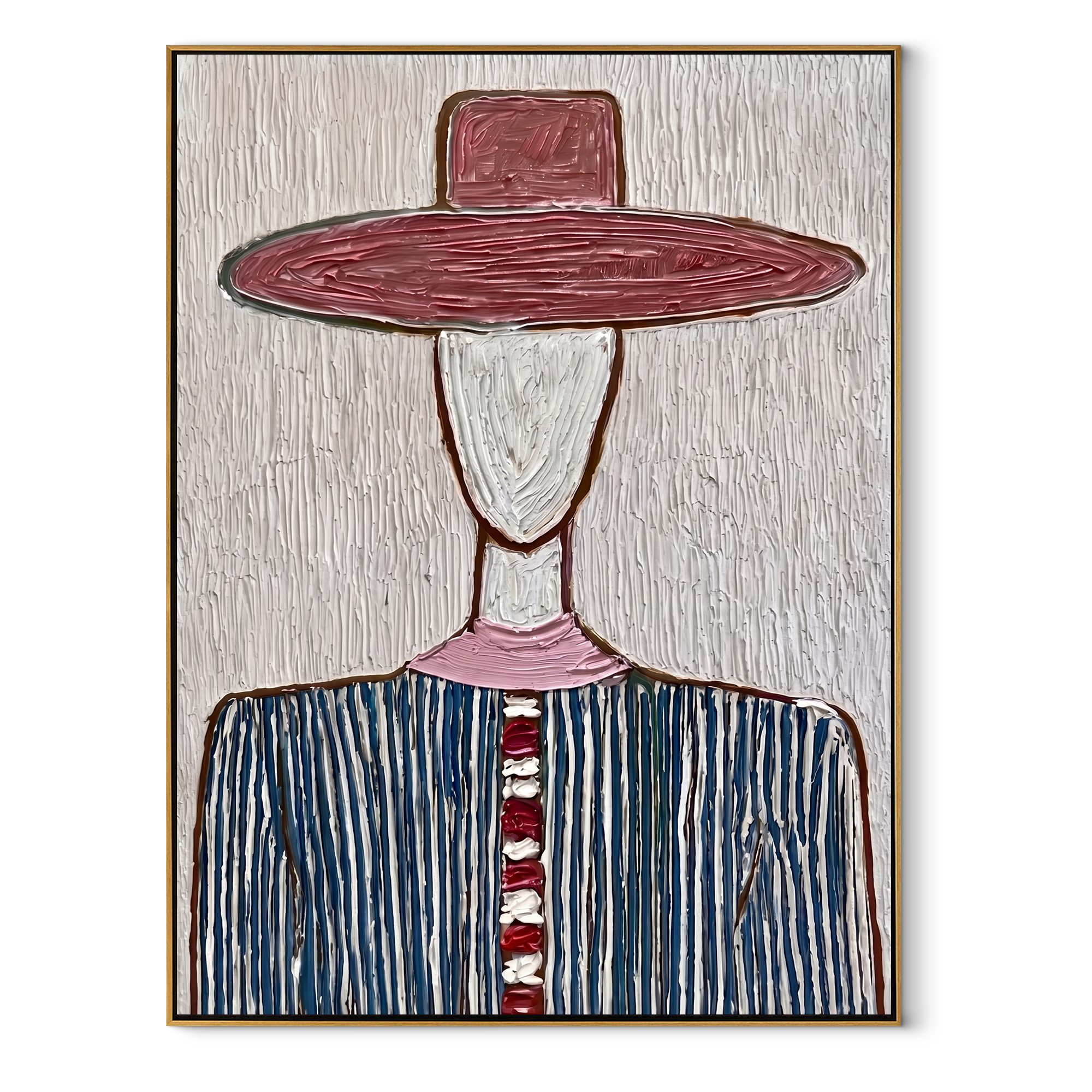Wine Brim Meets White - blue striped hat figure painting by Elliot Vale, modern figurative vertical wall art - wood frame on white background