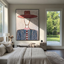 Wine Brim Meets White - blue striped hat figure painting by Elliot Vale, modern figurative vertical wall art - styled room scene view 3