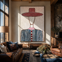 Wine Brim Meets White - blue striped hat figure painting by Elliot Vale, modern figurative vertical wall art - styled room scene view 4