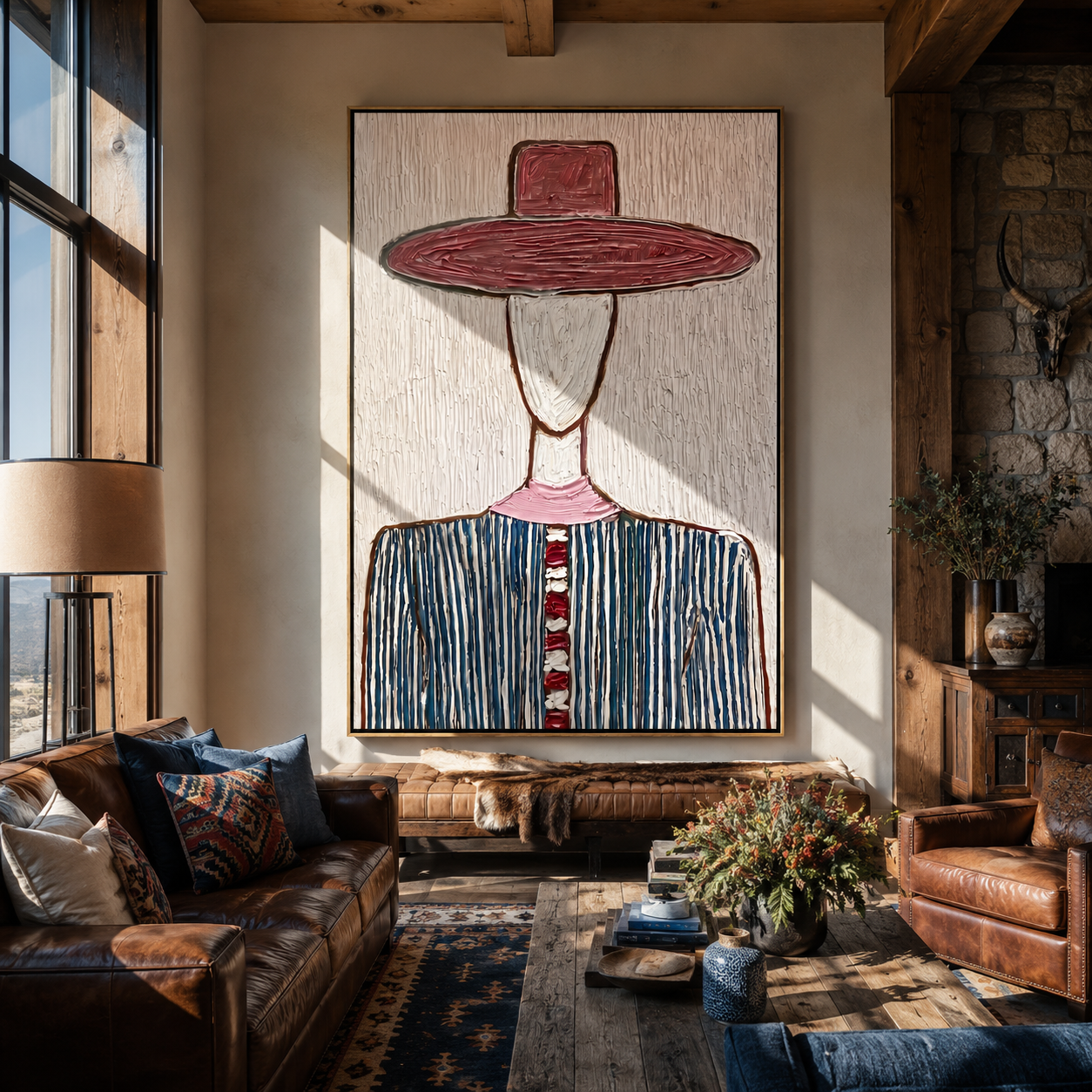 Wine Brim Meets White - blue striped hat figure painting by Elliot Vale, modern figurative vertical wall art - styled room scene view 4