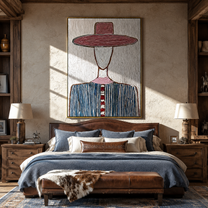 Wine Brim Meets White - blue striped hat figure painting by Elliot Vale, modern figurative vertical wall art - styled room scene view 5