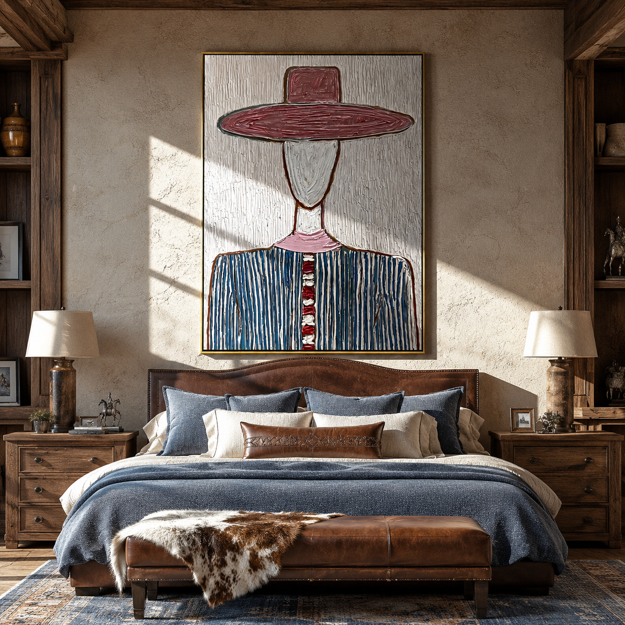Wine Brim Meets White - blue striped hat figure painting by Elliot Vale, modern figurative vertical wall art - styled room scene view 5