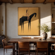Black Horse Crosses Gold - minimal horse rider painting by Elliot Vale, modern figurative vertical wall art - styled room scene view 1